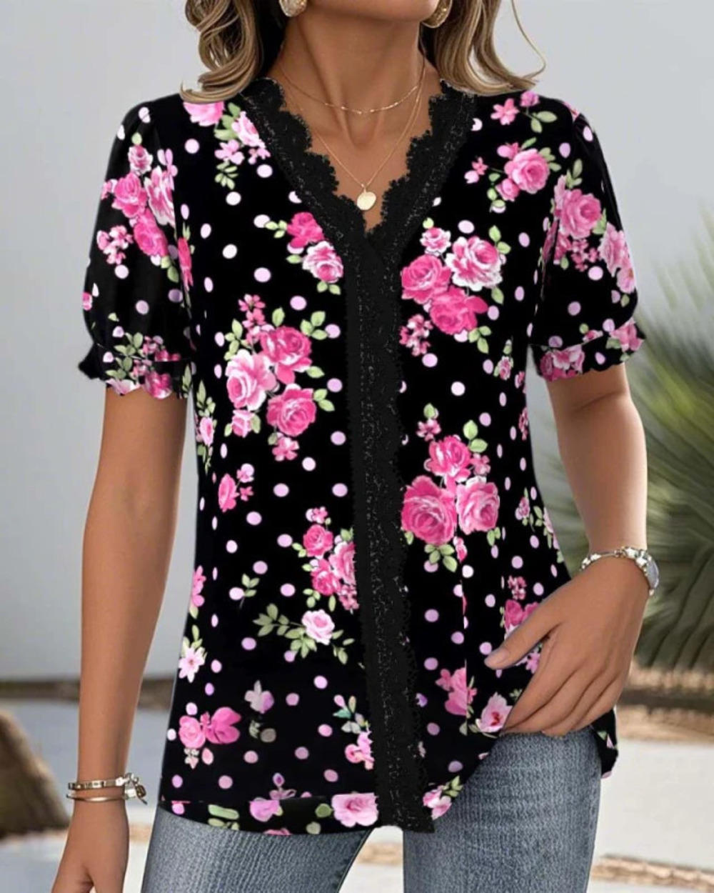 ZARA Summer Printed Collar Short Sleeve Top Fashionable Versatile